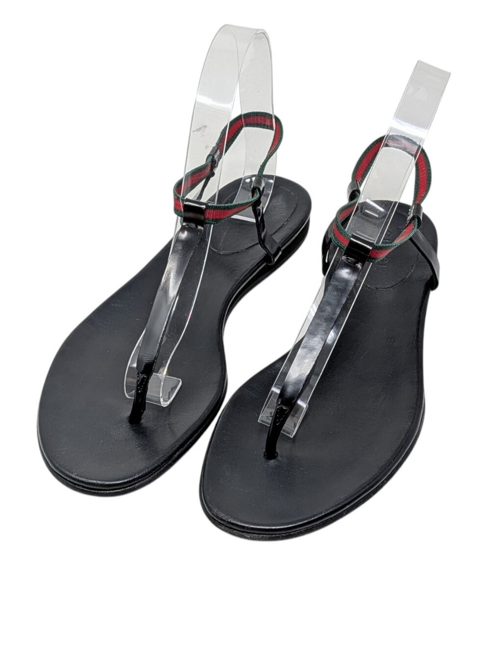 Gucci Black Green Red Striped Thong Leather Minimalist Flat Sandal Size 8 - Picture 2 of 10
